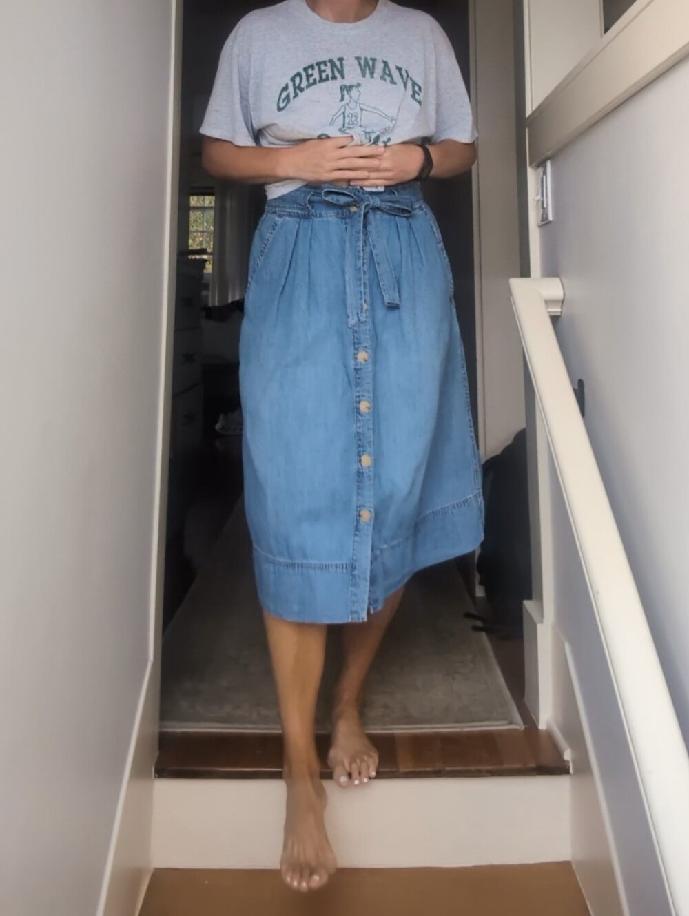 GAP Light Blue Button-Front Denim Midi Skirt with Tie Waist